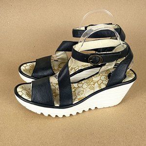 Fly London Yesk Wedge Ankle Wrap Sandal Women's EU Size 40, US Size 9/9.5 Black
